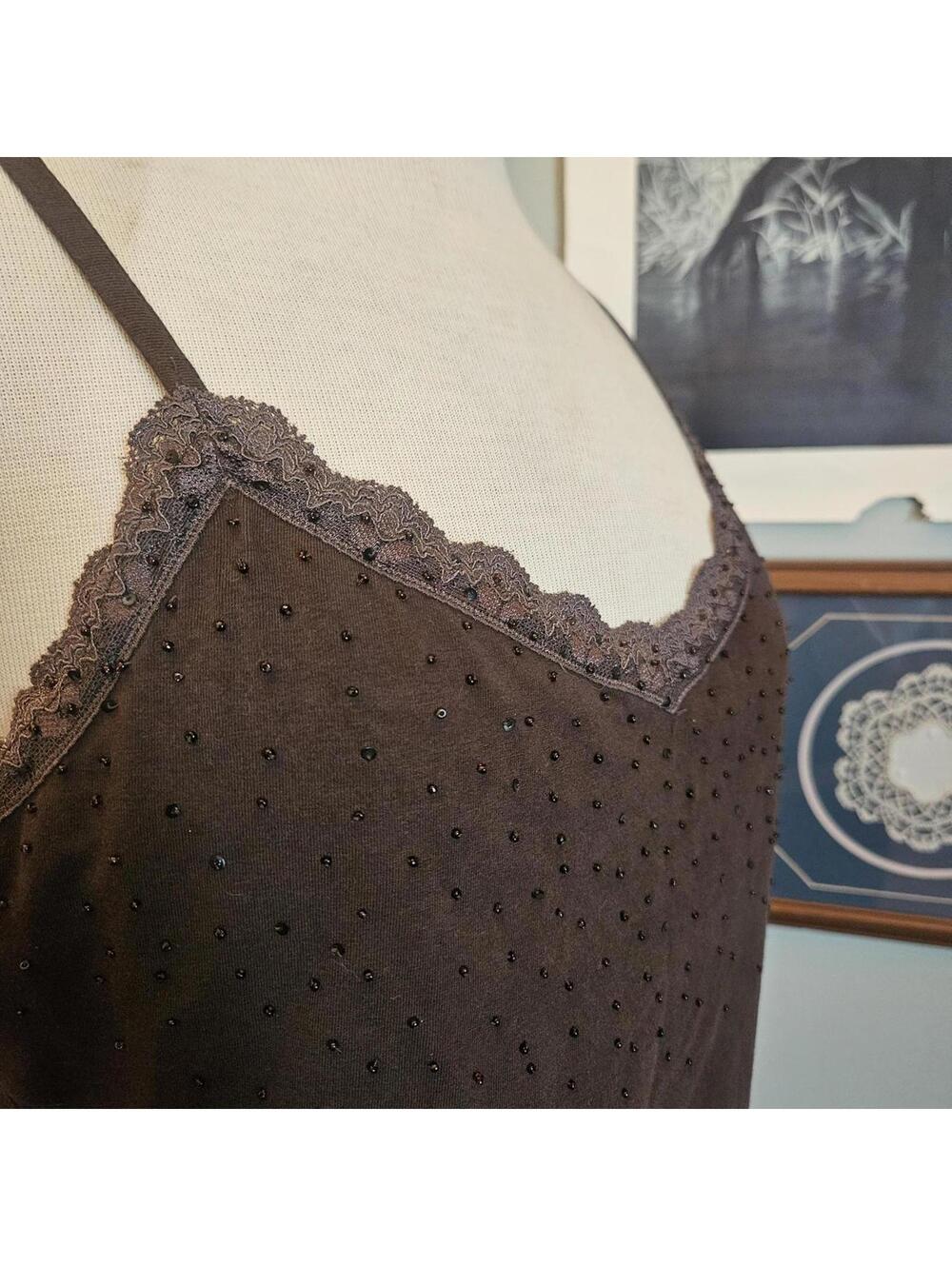 Y2k Vintage Brown beaded lace cami top sz XL